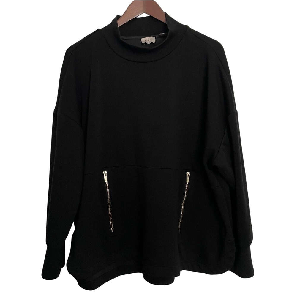 Elie Tahari Women 2X Black Oversized Tunic Pullover Gold Zip Pockets Cowl Neck